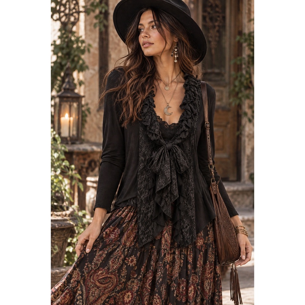 Lady Noiz Black Lace Ruffle Whimsigoth Victorian Coquette Boho Witchy Top L